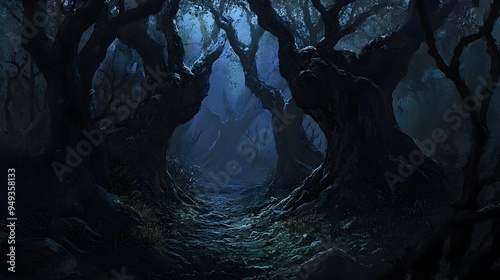 A dark forest with exaggerated shadows and twisted trees