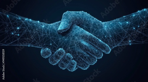 Low poly wireframe Handshake of business partners. Concept of Deal, Partnership, Teamwork, Connection. Vector illustration with generative ai