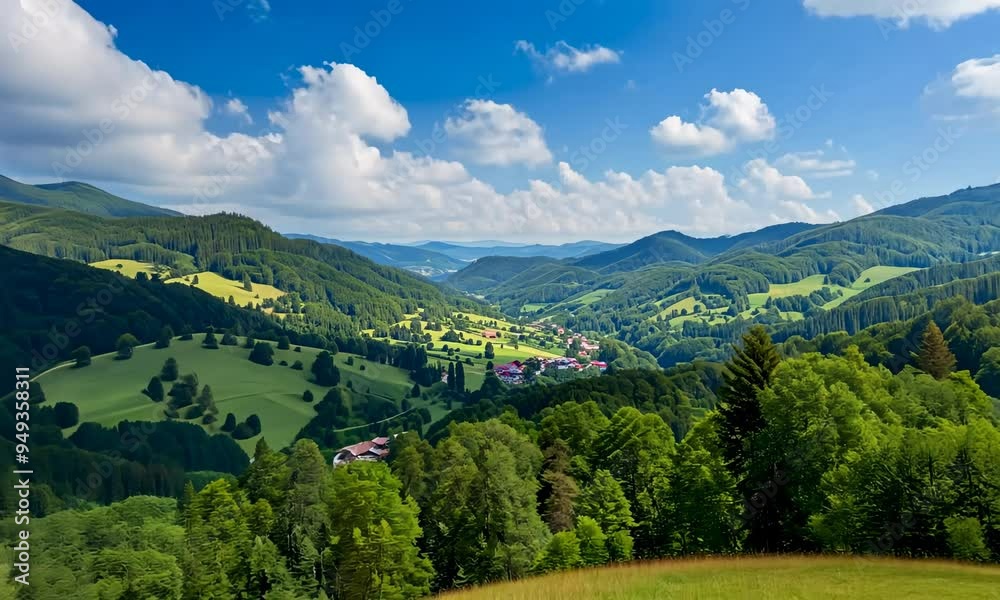 Expansive view of lush hills and a valley on a sunny day Expansive view of lush hills and a valley on a sunny day