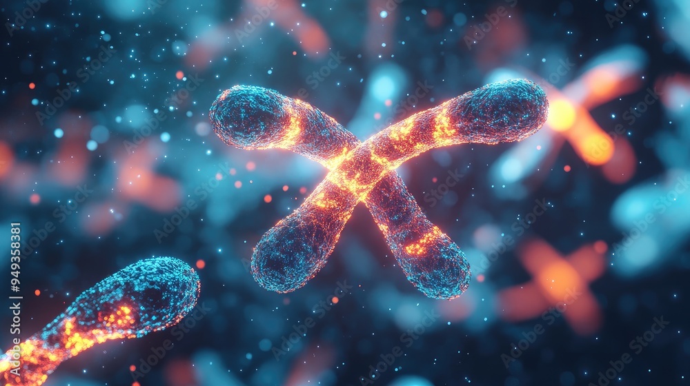 Molecular model of chromosomes, glowing in a digital space, symbolizing advancements in biotechnology and medical science. Molecular model of chromosomes, glowing in a digital space, symbolizing advancements in biotechnology and medical science.