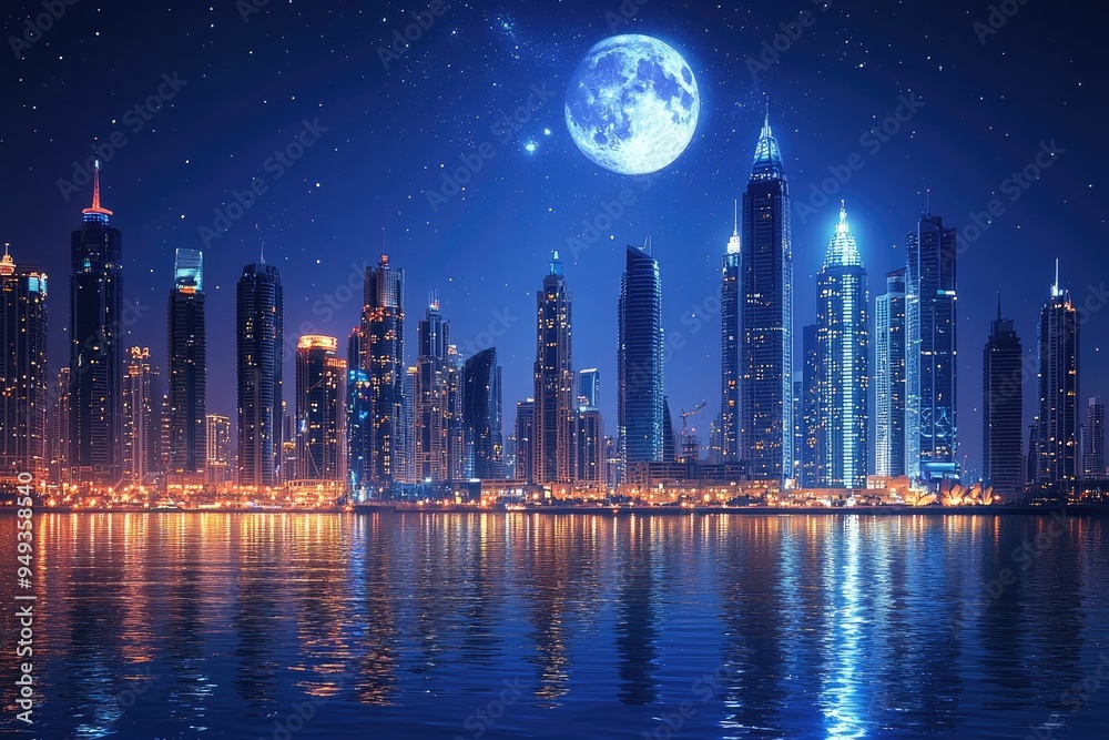 Fototapeta premium Moonlit Dubai Skyline, Futuristic Night City Landscape