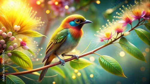 Tropical foliage envelops a vibrant zosterops, iridescent feathers glimmering, delicate leaves and tendrils swaying, piercing gaze hinting at mysteries, soft focus pulling the viewer in.