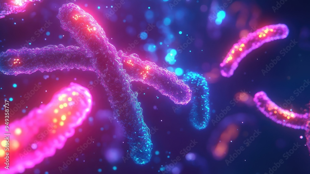 Molecular model of chromosomes with neon lights, set in a dark, abstract space, emphasizing advancements in medical research. Molecular model of chromosomes with neon lights, set in a dark, abstract space, emphasizing advancements in medical research.