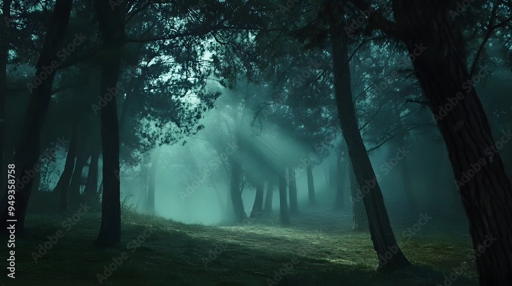 A spooky atmosphere with deep shadows and fog in a mysterious forest A spooky atmosphere with deep shadows and fog in a mysterious forest