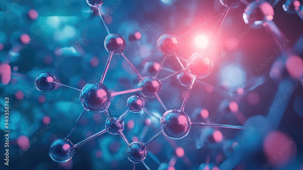 Molecular model of interconnected atoms with a glowing effect, set against a high-tech background, representing chemical research. Molecular model of interconnected atoms with a glowing effect, set against a high-tech background, representing chemical research.