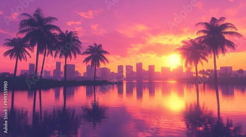 Vibrant Sunset Over a City Skyline with Palm Trees and a Reflecting Lake, Capturing the Urban Miami Vibes. 