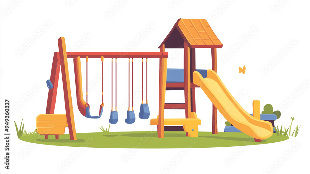 Brightly colored wooden playground with swings and slide set in a lush green area for children to enjoy outdoor playtime Brightly colored wooden playground with swings and slide set in a lush green area for children to enjoy outdoor playtime
