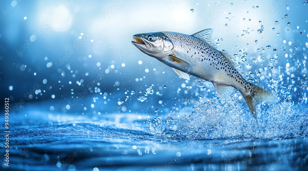 Beautiful fish jumping out of the water, splashes and drops on a blue ...