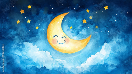 Wallpaper Mural A cheerful yellow crescent moon smiles among twinkling stars and soft clouds in a dreamy night sky illustration Torontodigital.ca