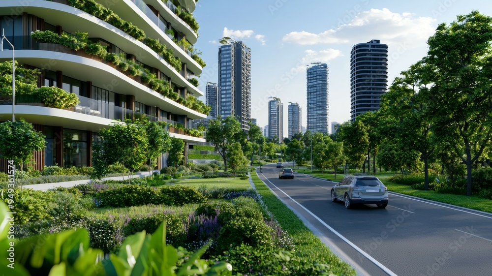 A city street with a car driving down it and a building with a green roof