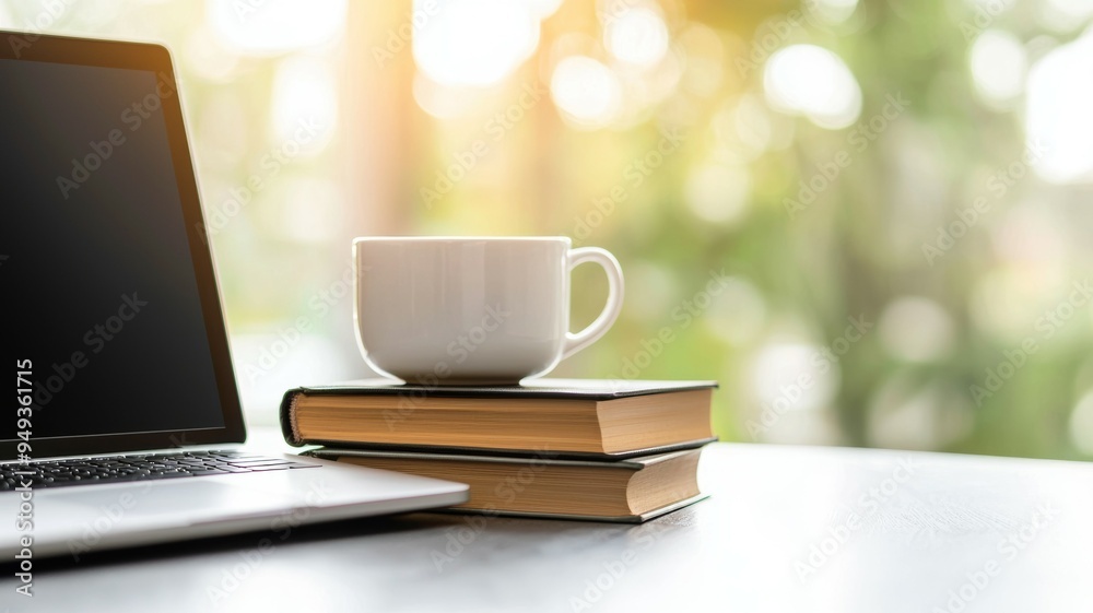 A laptop is on a table with two books stacked on top of it A laptop is on a table with two books stacked on top of it