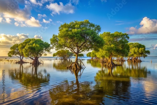 Coastal wetlands with mangroves and salt marshes inundated with seawater, with water lapping at the base of the trees, conveying a sense of serenity and ecological disruption.