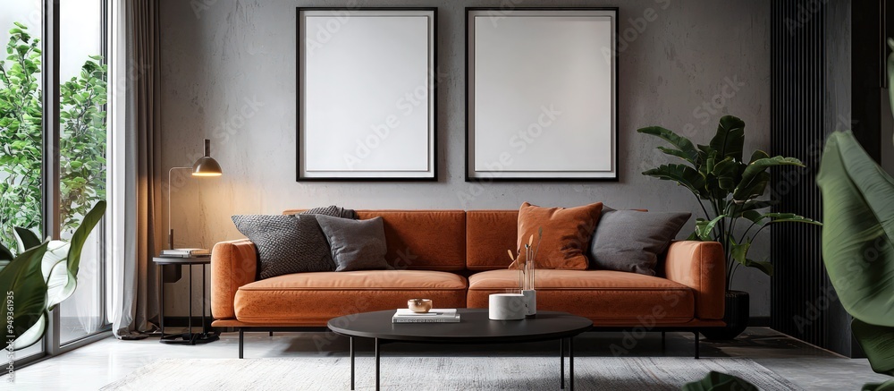 Chic living room design, orange upholstered sofa, dark table, minimal decor.