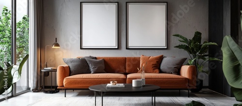 Obraz na płótnie Chic living room design, orange upholstered sofa, dark table, minimal decor. w salonie