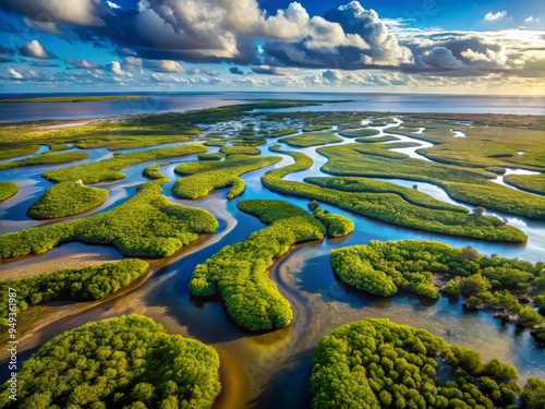 Overhead drone shot of a saltwater marsh, with water flooding the landscape and creating a mesmerizing pattern of tidal channels and mangrove islands photo