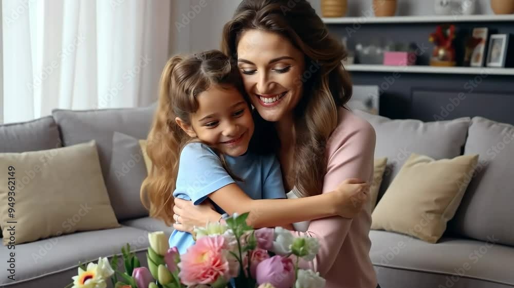 A joyful moment between a mother and daughter with a vibrant bouquet of flowers at home on a sunny day A joyful moment between a mother and daughter with a vibrant bouquet of flowers at home on a sunny day