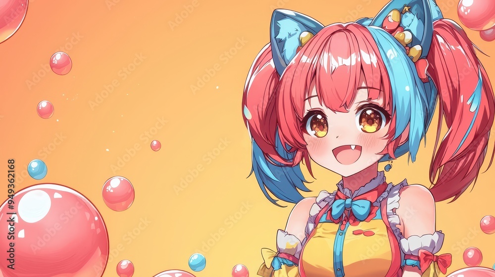 Fototapeta premium Cute Anime Girl with Pink and Blue Hair and Cat Ears on Yellow Background