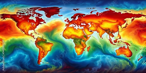 A climate change map, with swirling clouds of CO2 and temperature readings displayed in bright, urgent colors