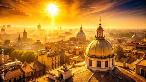 Aerial view of a cityscape on a sweltering summer day, with a dome-shaped heat haze hovering above the rooftops, radiating warm orange and yellow tones.