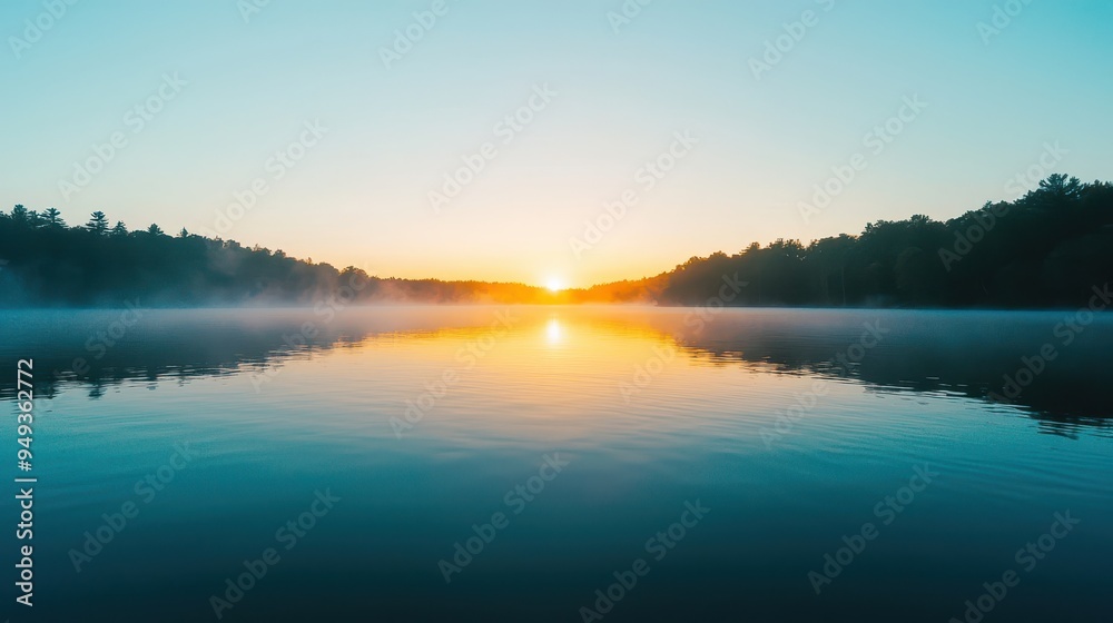 Serene Sunrise Over Calm Lake With Mist Serene Sunrise Over Calm Lake With Mist
