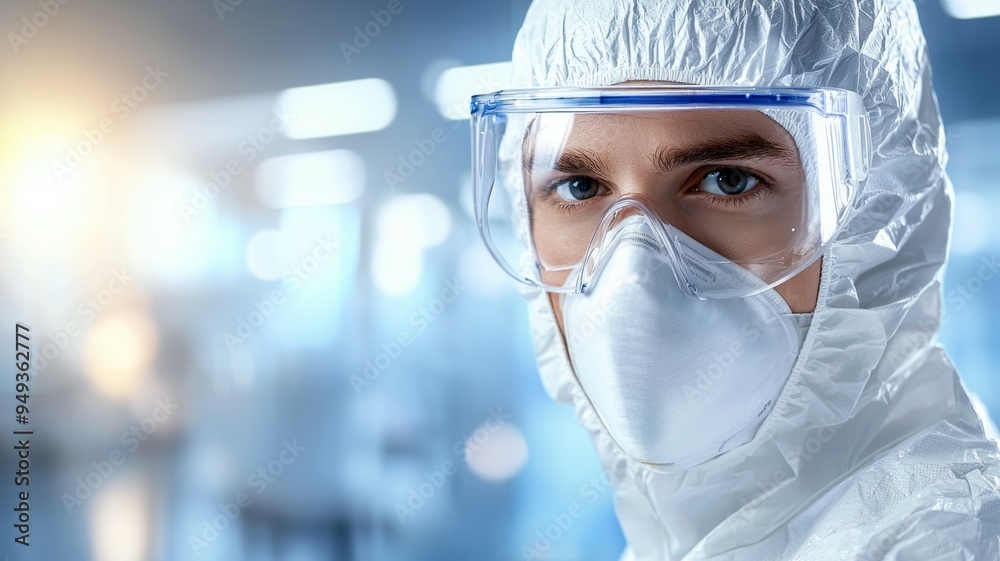 A man in a white lab coat and goggles is wearing a mask A man in a white lab coat and goggles is wearing a mask