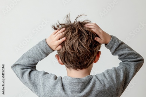 A boy is scratching his itchy head , Childhood lice, Unclean hair and scalp , Generative AI