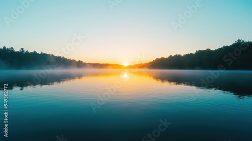 Serene Sunrise Over Calm Lake With Mist