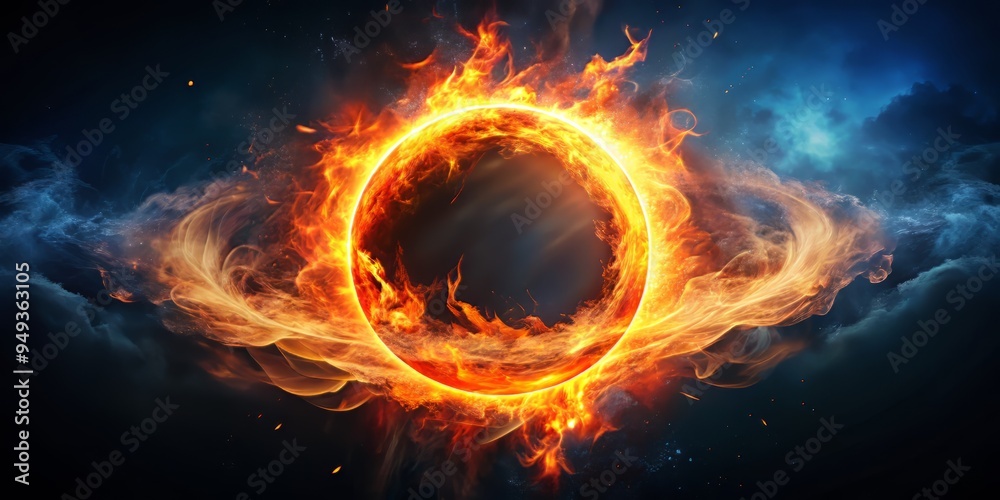 Fototapeta premium A striking, high-contrast shot of a single, glowing ember suspended in mid-air, surrounded by a halo of darkness, with the background blurred to emphasize the ember's vibrant color.