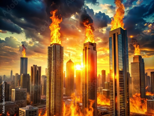 As the heat dome's grip intensifies, the city's skyscrapers appear as pillars of fire, with flames dancing, as if fueled by the sun's intense rays. photo