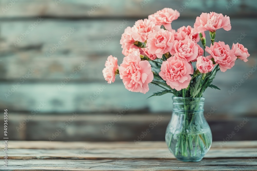 Pink carnations in a vase on a rustic wooden table with generative ai Pink carnations in a vase on a rustic wooden table with generative ai