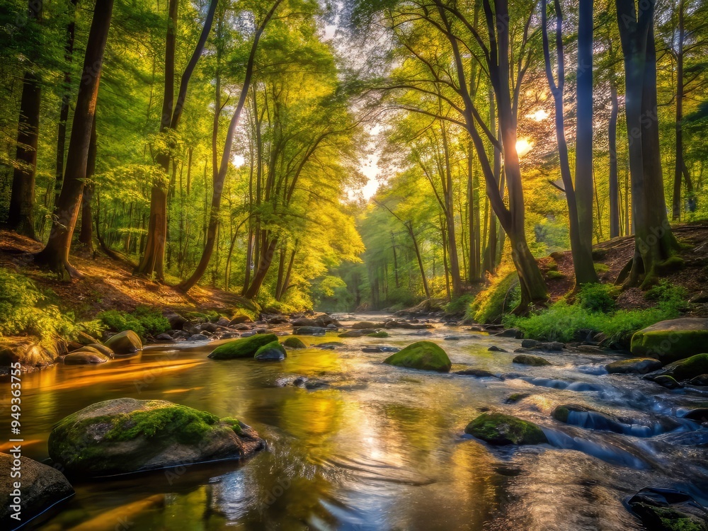 Obraz premium A calm and peaceful scene of a stream flowing through a forest