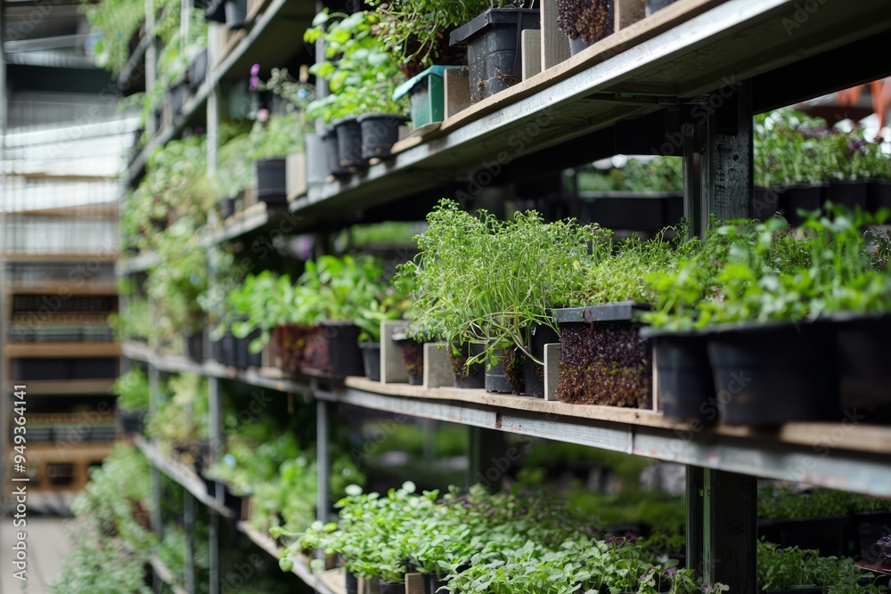 Vertical farm specializing in exotic herbs. The plants are stacked high, thriving in the controlled environment, Generative AI Vertical farm specializing in exotic herbs. The plants are stacked high, thriving in the controlled environment, Generative AI