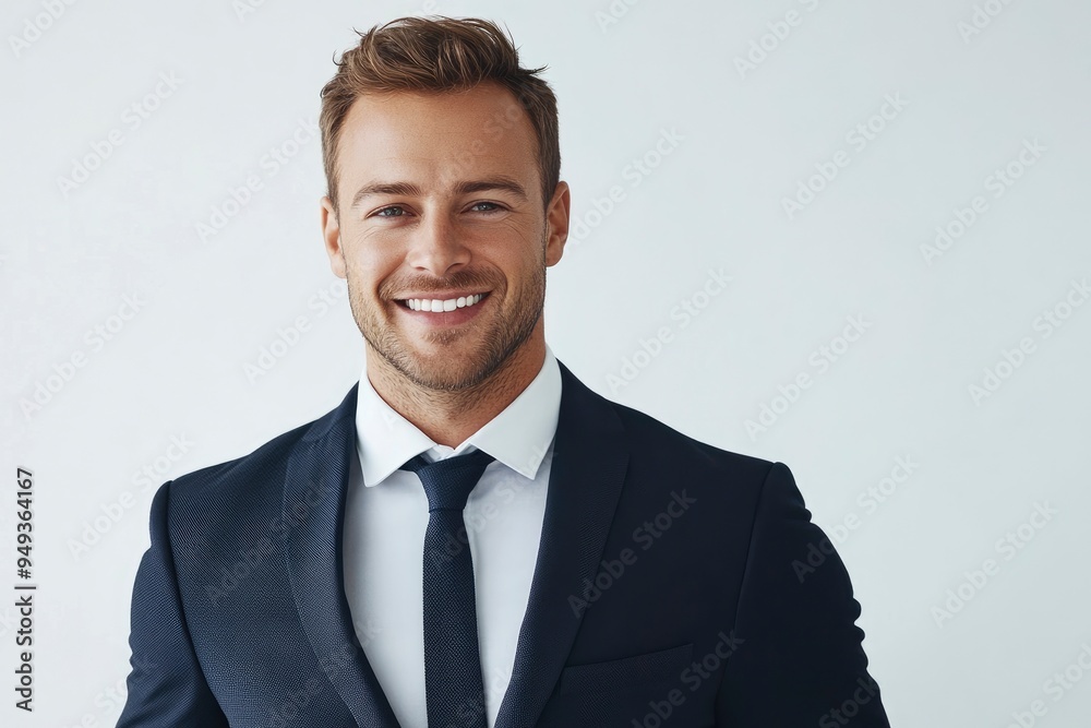 Portrait of handsome caucasian man in formal suit looking at camera smiling with toothy smile isolated in white background. Confident businessman ceo boss freelancer manager with generative ai Portrait of handsome caucasian man in formal suit looking at camera smiling with toothy smile isolated in white background. Confident businessman ceo boss freelancer manager with generative ai
