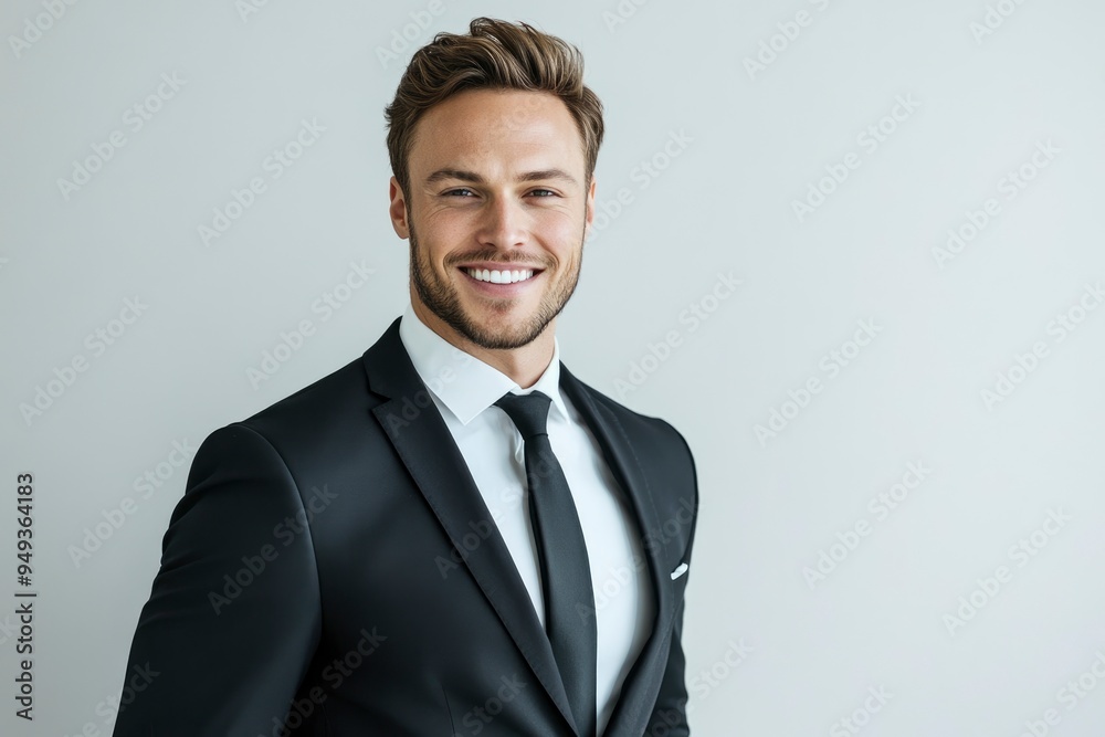 Portrait of handsome caucasian man in formal suit looking at camera smiling with toothy smile isolated in white background. Confident businessman ceo boss freelancer manager with generative ai Portrait of handsome caucasian man in formal suit looking at camera smiling with toothy smile isolated in white background. Confident businessman ceo boss freelancer manager with generative ai