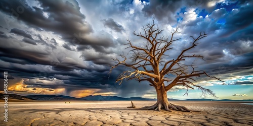 Low-angle shot of a massive, dead tree looming over a dry, cracked lakebed, dramatic, stormy skies with dark clouds.