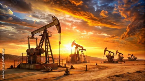 Rusty old oil pumps in a desert landscape, with a vibrant sunset casting a warm orange glow