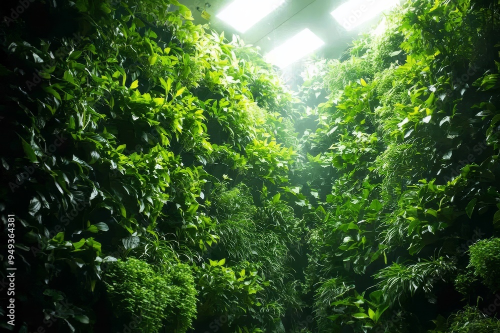 Fototapeta premium Vertical farm specializing in exotic herbs. The plants are stacked high, thriving in the controlled environment, Generative AI 
