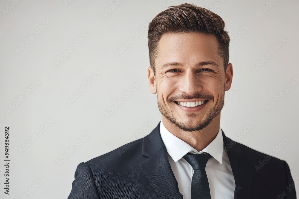 Portrait of handsome caucasian man in formal suit looking at camera smiling with toothy smile isolated in white background. Confident businessman ceo boss freelancer manager with generative ai Portrait of handsome caucasian man in formal suit looking at camera smiling with toothy smile isolated in white background. Confident businessman ceo boss freelancer manager with generative ai