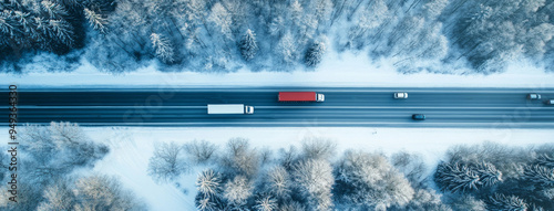 Trucks and cars driving on a highway through forest in winter