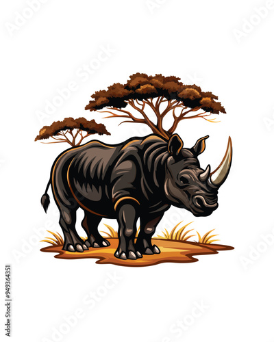 A realistic illustration of a black rhinoceros standing in an African savanna.