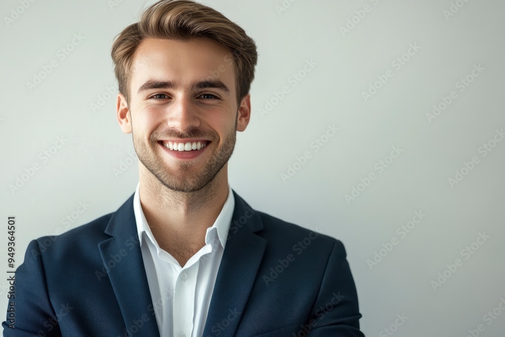 Portrait of handsome caucasian man in formal suit looking at camera smiling with toothy smile isolated in white background. Confident businessman ceo boss freelancer manager with generative ai Portrait of handsome caucasian man in formal suit looking at camera smiling with toothy smile isolated in white background. Confident businessman ceo boss freelancer manager with generative ai