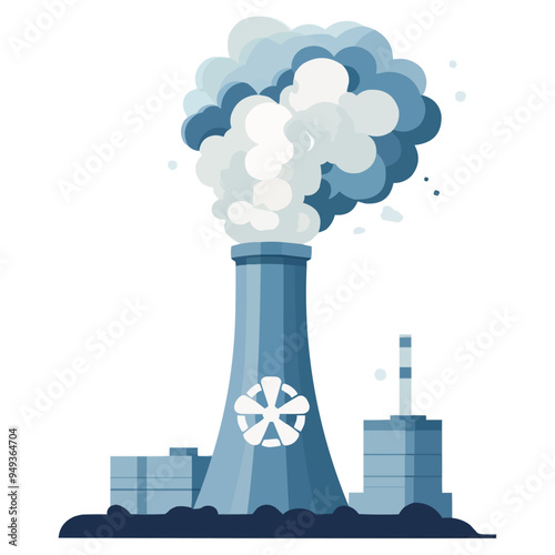 nuclear power plant with white and blue smoke coming out of the chimney