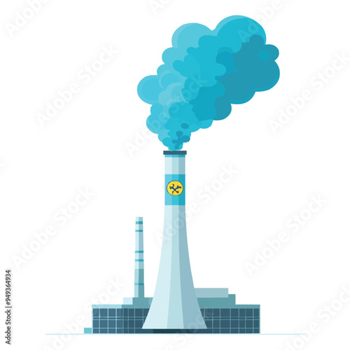 nuclear power plant with white and blue smoke coming out of the chimney