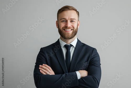 Portrait of handsome caucasian man in formal suit looking at camera smiling with toothy smile isolated in white background. Confident businessman ceo boss freelancer manager with generative ai