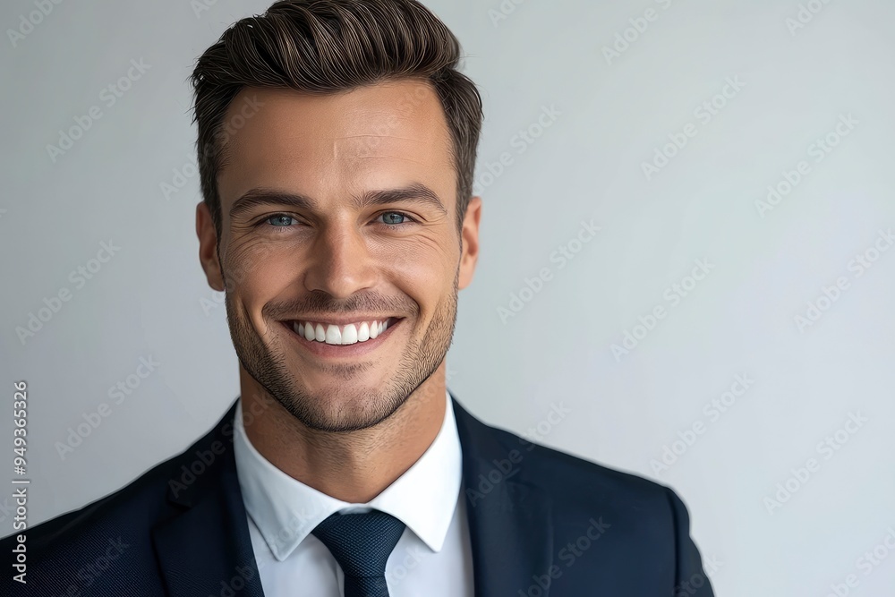 Portrait of handsome caucasian man in formal suit looking at camera smiling with toothy smile isolated in white background. Confident businessman ceo boss freelancer manager with generative ai Portrait of handsome caucasian man in formal suit looking at camera smiling with toothy smile isolated in white background. Confident businessman ceo boss freelancer manager with generative ai