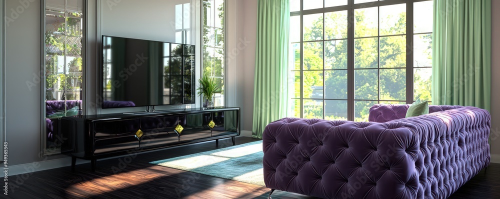 Chic space with a violet couch, glossy black TV stand, and dark wooden floors beneath pastel green drapes.