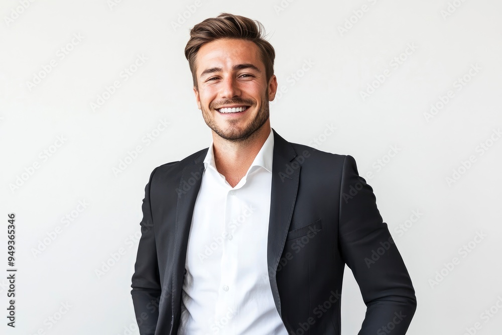 Portrait of handsome caucasian man in formal suit looking at camera smiling with toothy smile isolated in white background. Confident businessman ceo boss freelancer manager with generative ai Portrait of handsome caucasian man in formal suit looking at camera smiling with toothy smile isolated in white background. Confident businessman ceo boss freelancer manager with generative ai
