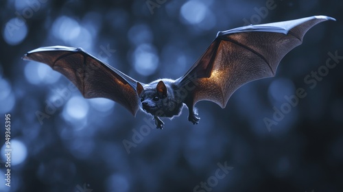 Bat flying outdoors at night. Hunting animal with spread wings, predator in flight at twilight photo