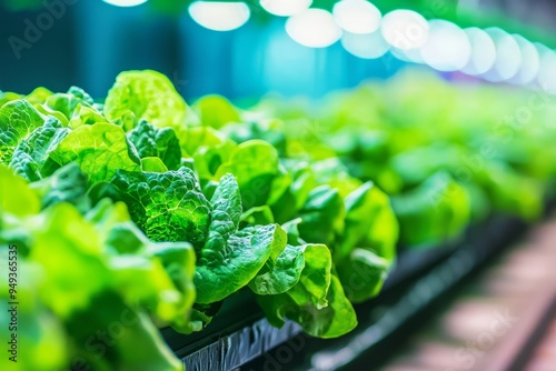 Vertical farm with rows of lettuce thriving under soft blue light. The environment is serene and efficient, Generative AI photo