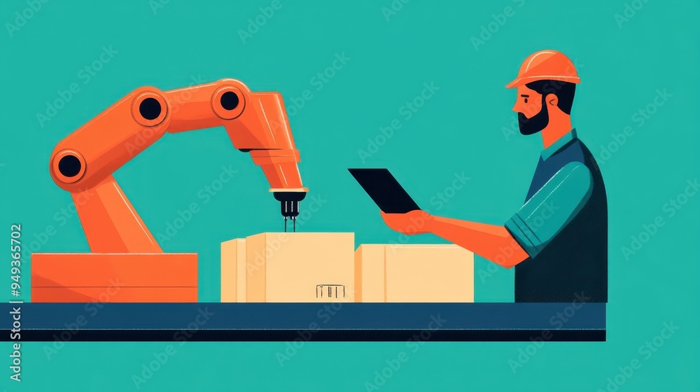 Obraz premium Streamlined Production Line: Efficient Robot Assembly with Manager Monitoring on Tablet in Factory - Illustration with Copy Space
